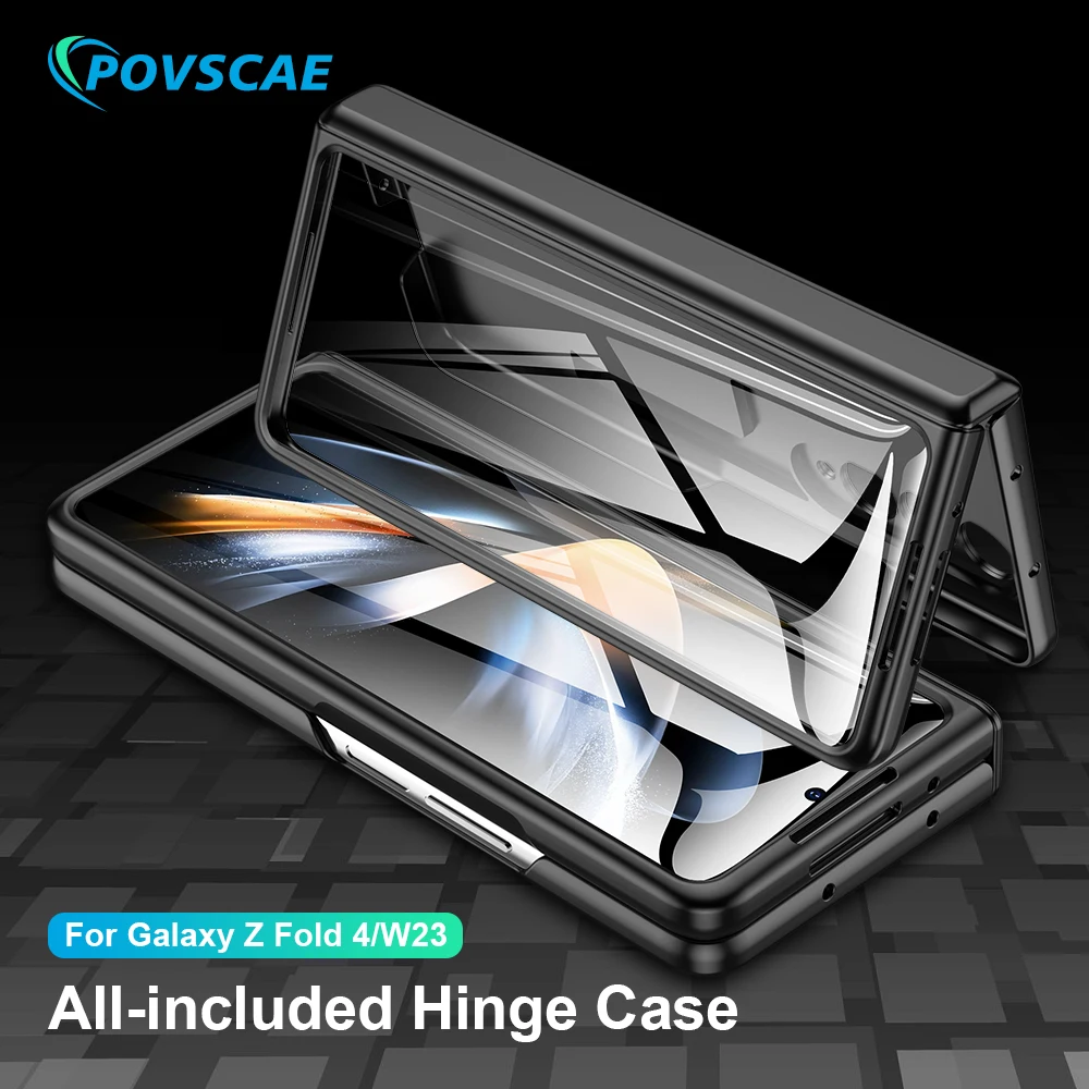 Povscae Phone Case for Samsung Galaxy Z Fold 4 5G Hinge Protective Hard PC Shockproof Cover Built-in Temper Screen Protector