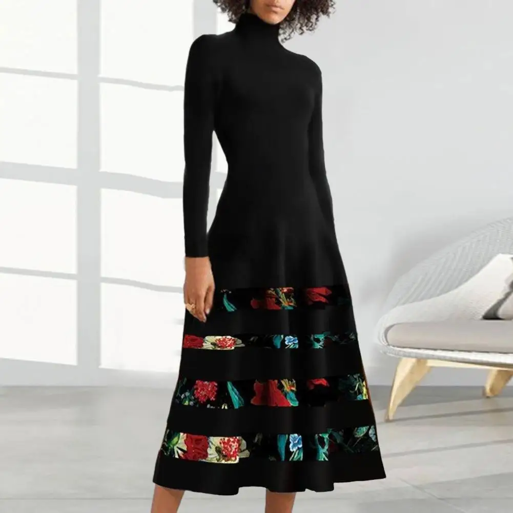 

Платье-миди женское ТРАПЕЦИЕВИДНОЕ с цветочным принтом и высоким воротником