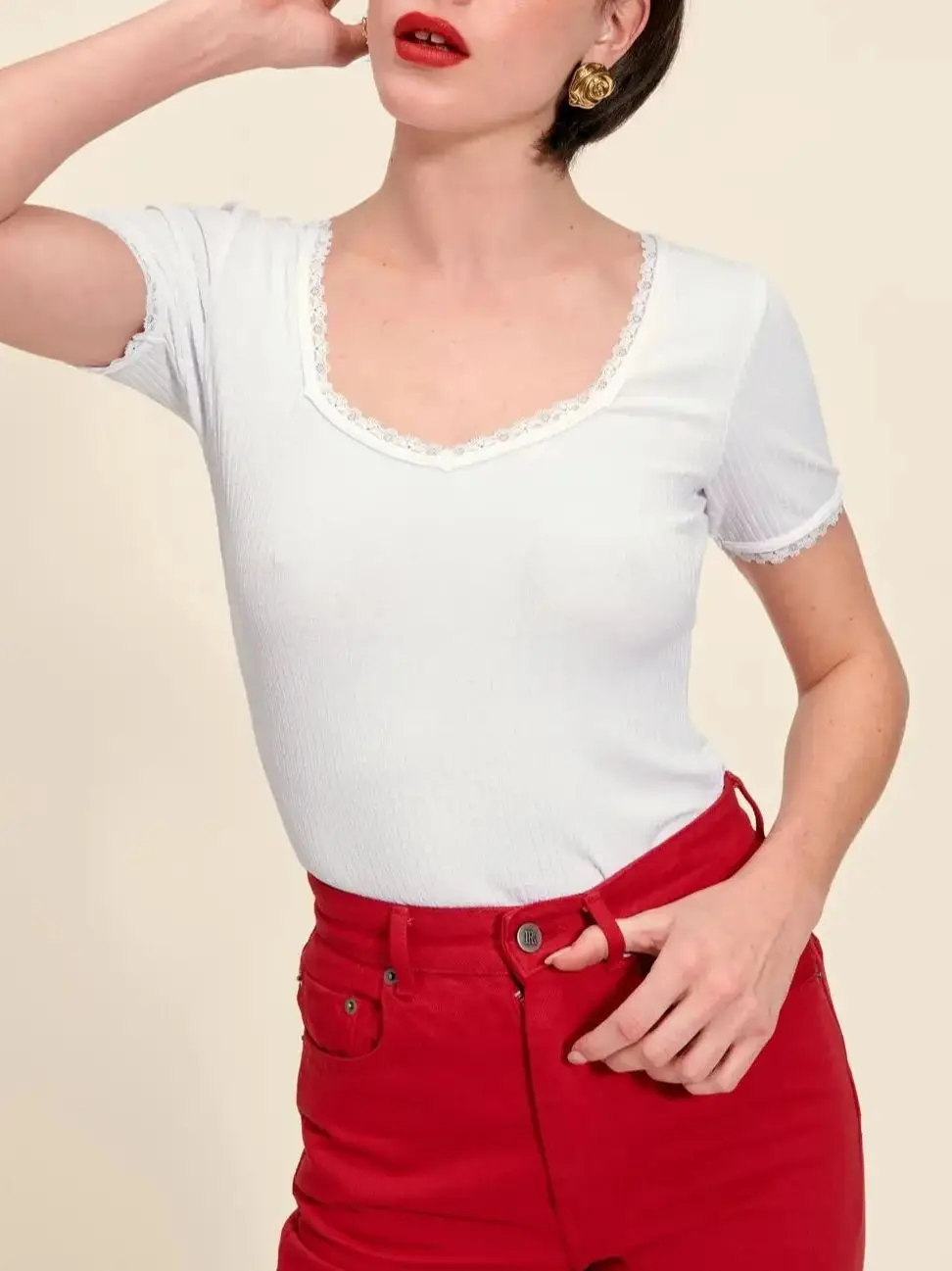 

Women Short-Sleeved Knitted T Shirt Spring and Summer 2023 New Ladies Lace Trim Stitching Elastic Short Sleeve Tee Top
