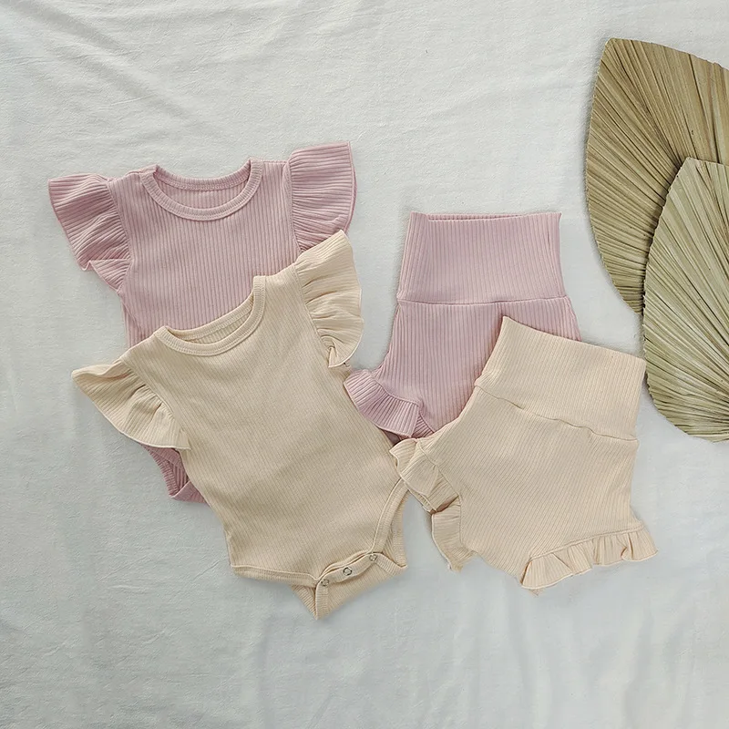 

Summer Cute Baby Girl Bodysuit+Shorts Suit Solid Cotton Newborn Clothes Infant Clothing Set