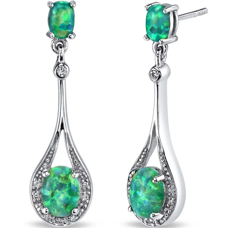 

3.75 ct Oval Shape Created Green Opal Drop Earrings in Sterling Silver