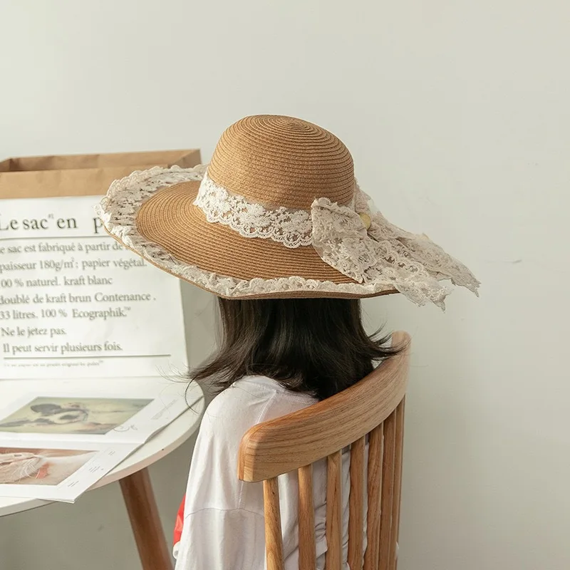 2023 Spring Or summer New Children's Sweet Lace Bow Sunshade Sun-proof Straw Hat