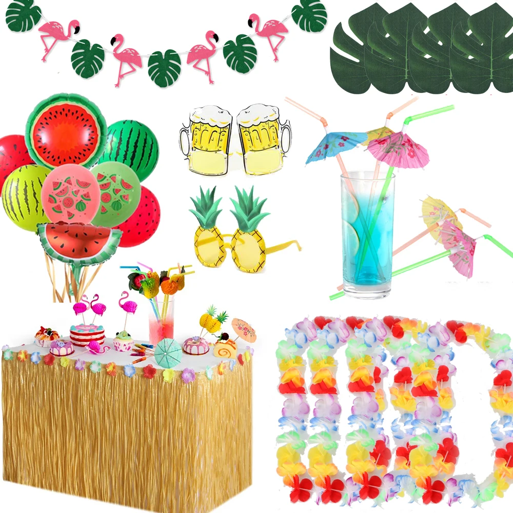 

Hawaiian Luau Party Supplies Straw Color Grass Table Skirt Flamingo Umbrella Straw Birthday Tropical Hawaii Party Decorations