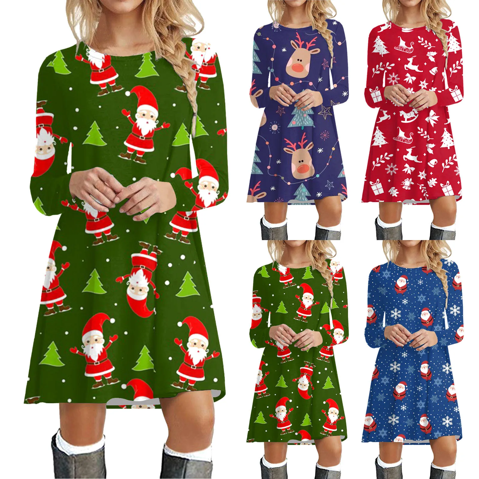 

2023 Elegant Dress Merry Christmas For Womens Long Sleeved Tee Shirt Dress Casual Swing Dress vestido navidad mujer