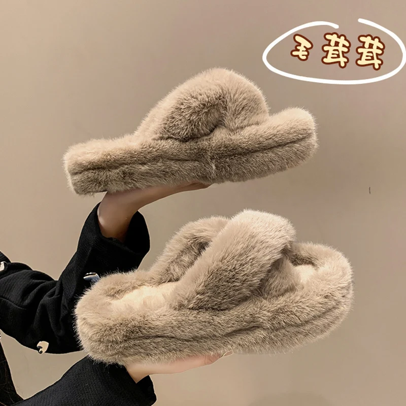 

Fur Shoes Slippers Flat Slipers Women Platform Luxury Slides Med Flock Plush 2022 Designer Rubber with fur Short Flat Shoes Fema