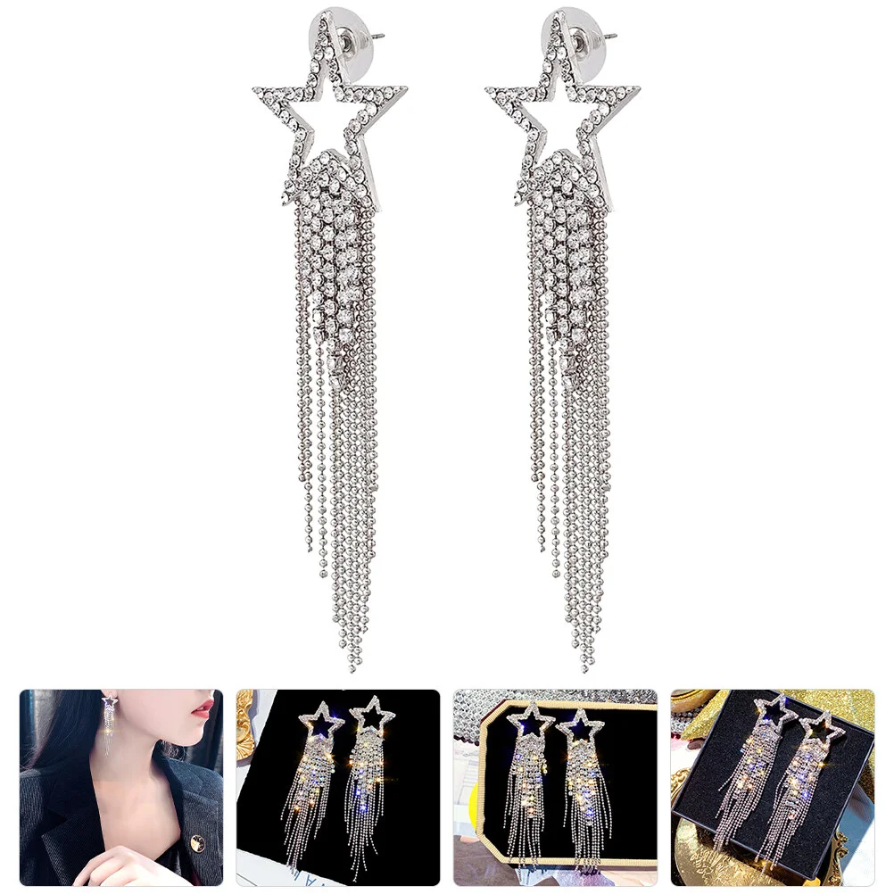 

925 Silver Needle Tassel Earrings Jewelry Rhinestone Star Fashion Women Stud Girl