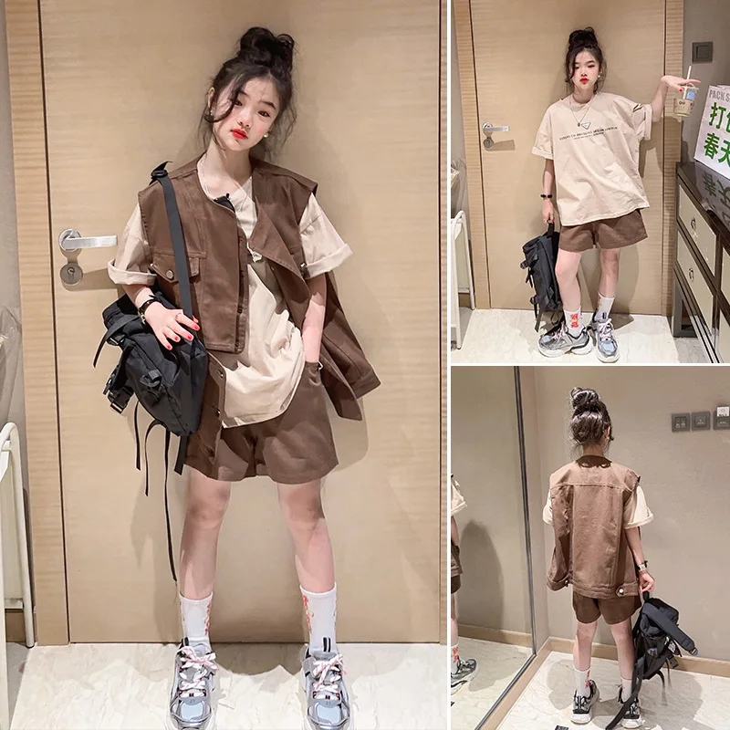 

Модный летний комплект для девочек, 3 шт., новый детский жилет + футболка + брюки, костюмы для детей