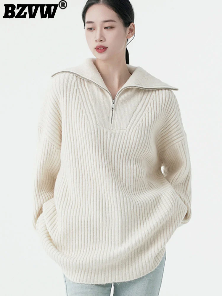 

BZVW Lapel Mid-length Knitted Top Women's Clothing 2023 New Autumn Winter New Fashion Versatile Loose Casual Knit Sweater Female