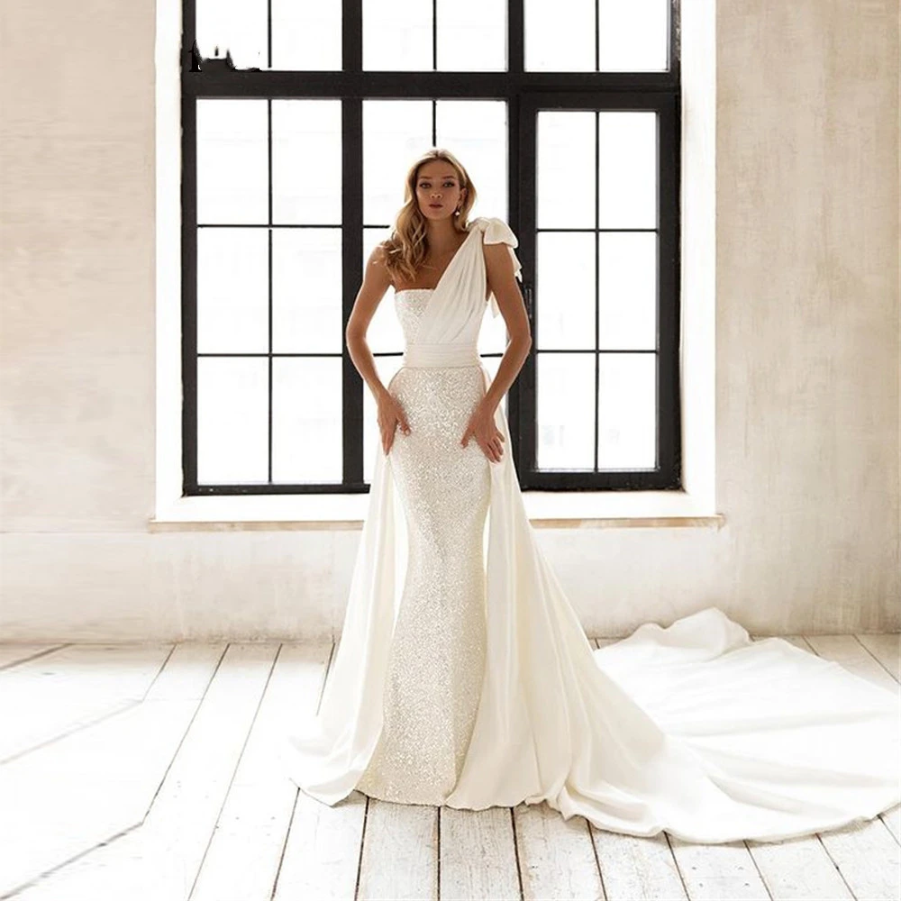

Sparkling One Shoulder Mermaid Satin Wedding Dresses Detachable Court Train Open Back Bridal Gowns Sleeveless Vestidos De Novia