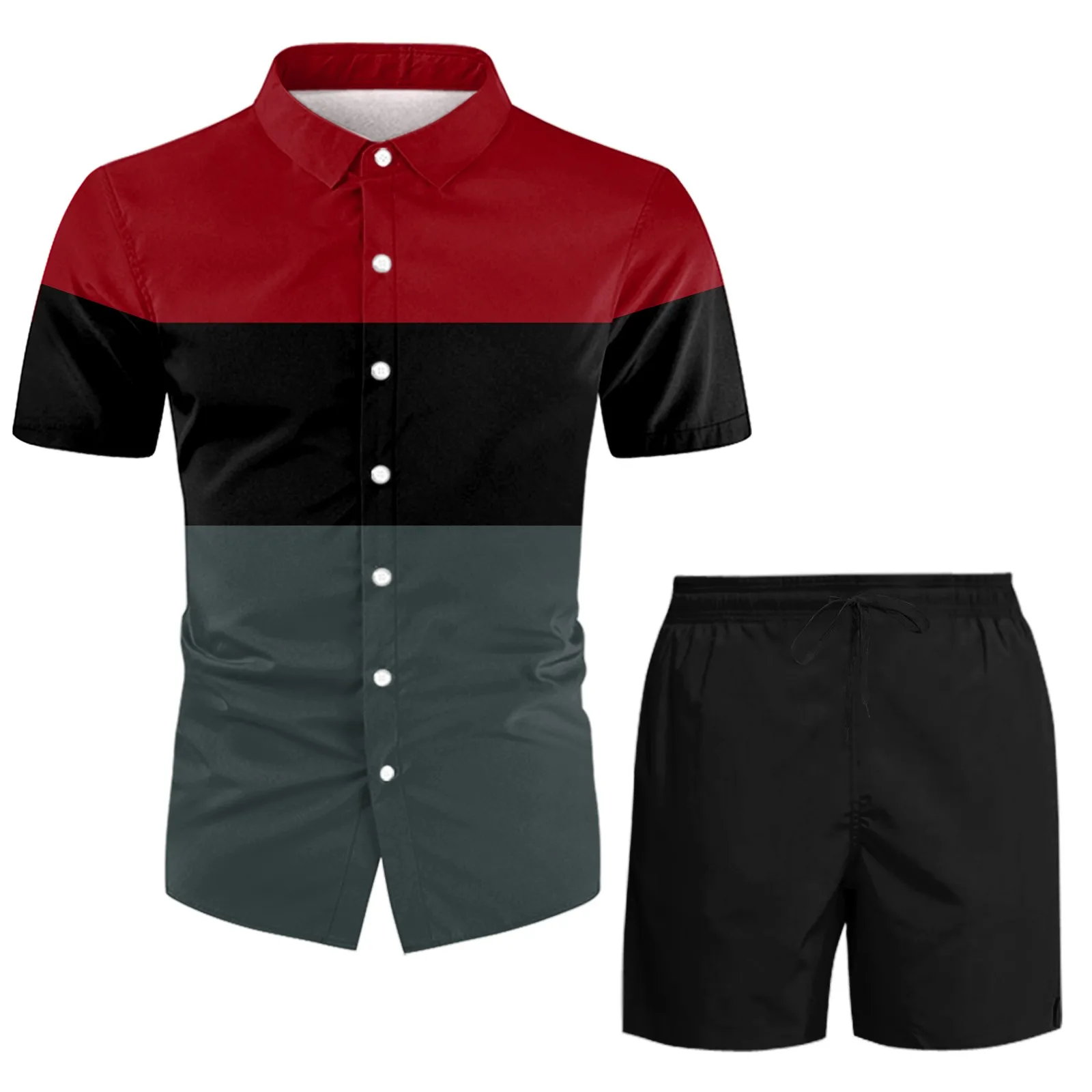 Male 2 Piece Set Color Block Shirts Solid Color Quick Dry Shorts Men Sets Ensemble Homme Streetwear Dailywear Conjuntos New