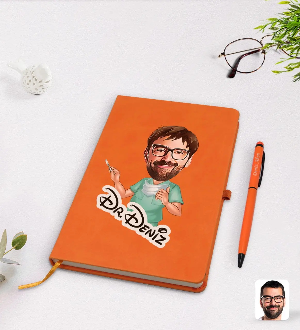 

Personalized men's surgeon cartoon orange thermo leather notebook pen set Model 1