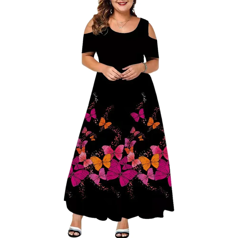Plus Size Floral Print Cold Shoulder Maxi Dress Bohemian Dress 2022 Women Holiday Dresses Casual Loose Vintage Long Vestidos