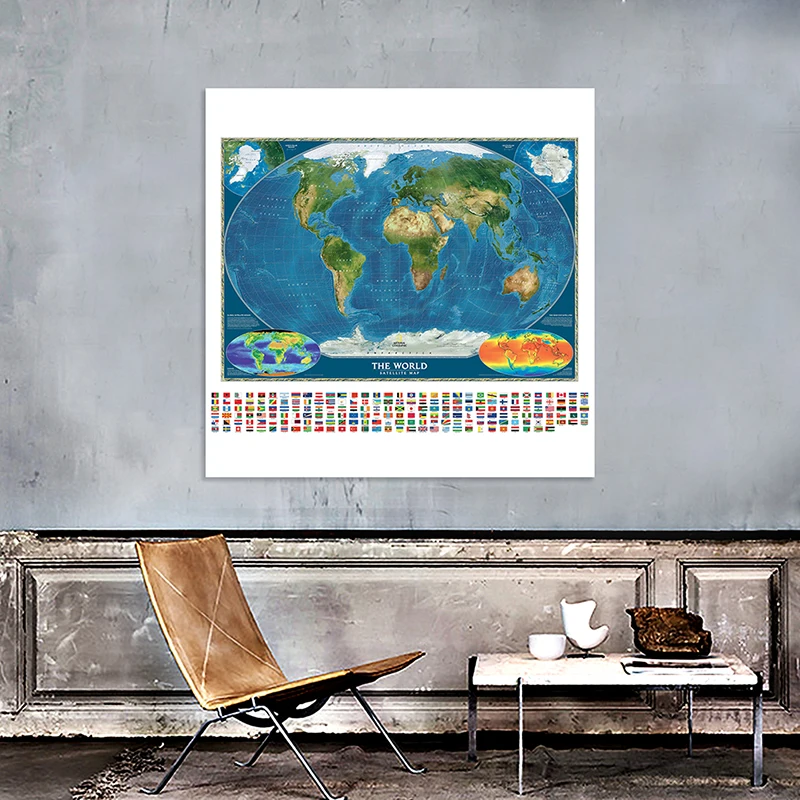 

90x90cm Non-woven Fabric The World Orographic Map with National Flag world map wall decor teaching Study Supplies