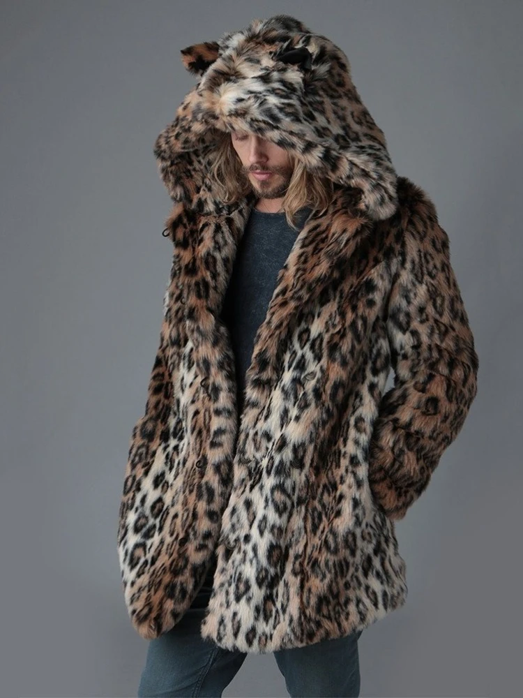 Men Faux Fur Coat Winter Thick Tiger Ears Long Sleeve Warm Hooded Outerwear Luxury Fur Jacket Fashion Leopard Bontjas Mens