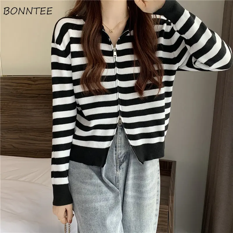 

Женский полосатый кардиган на молнии, Универсальный простой удобный осенний офисный кардиган в стиле ретро, уличная одежда для ленивых женщин