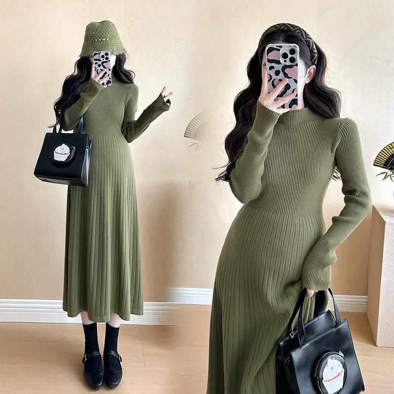 Модное утягивающее вязаное платье для беременных 2024 новый стиль средней длины