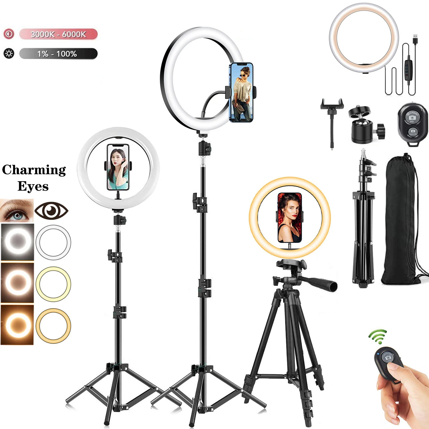 

10" 26cm LED Selfie Ring Light Photography RingLight Phone Stand Holder Tripod Circle Fill Light Dimmable Lamp Trepied Streaming