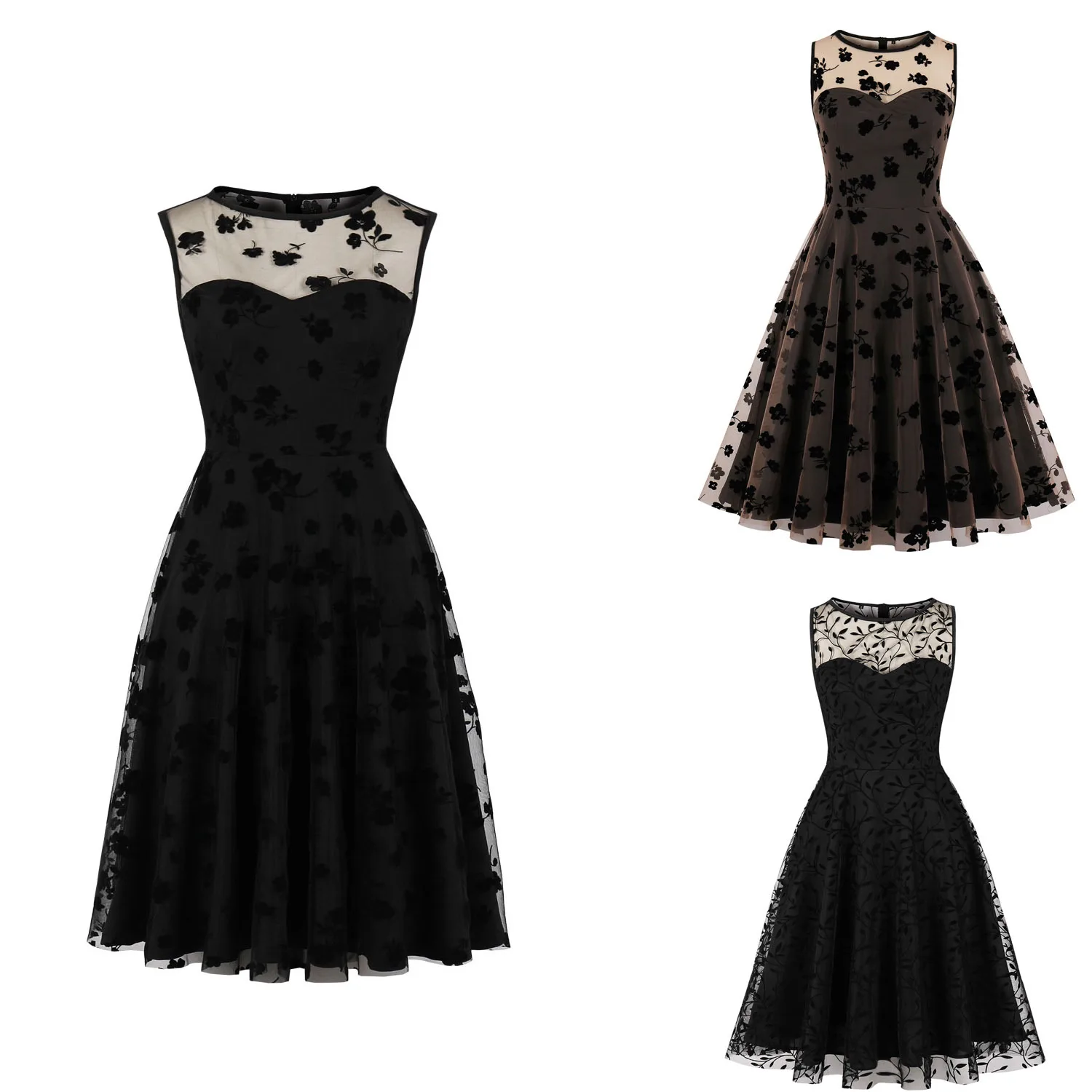 

Women's 1950s Vintage Party Dress Sleeveless Mesh Embroidery Covered-up Evening Prom Dress