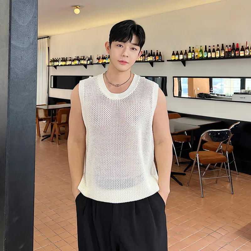 

Корейский Летний однотонный вязаный свитшот, пуловер, модный мужской сетчатый топ с воротником без рукавов, 2023, круглый