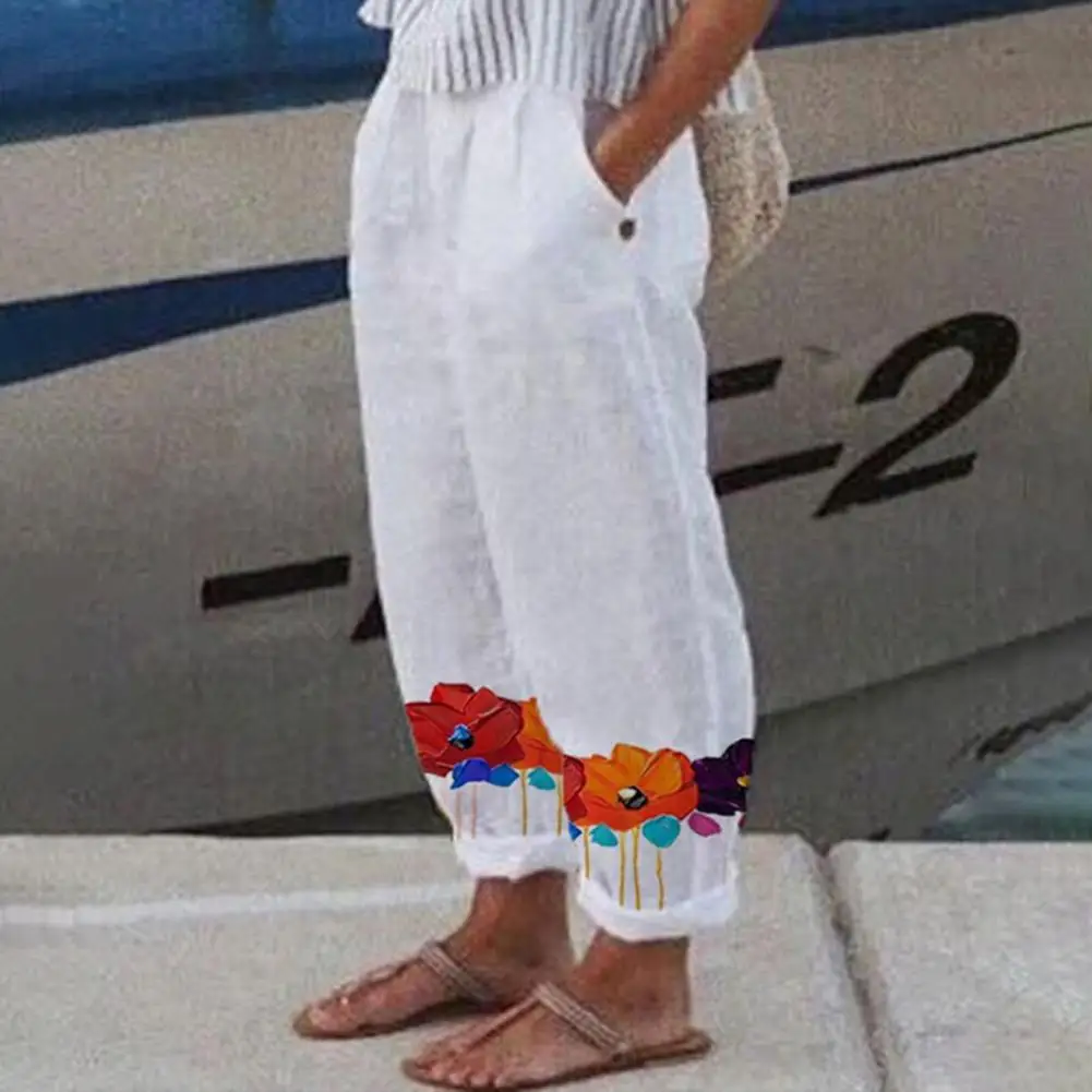 

Women Pants Floral Print Pockets Summer Flower Pattern Mid-Rise Pants Streetwear