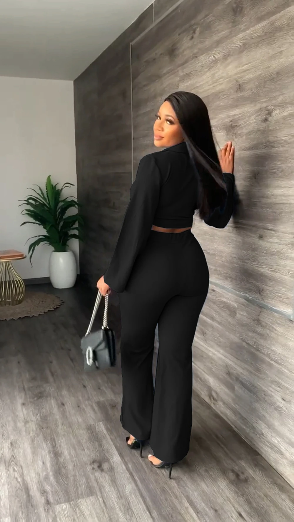 Two Piece Set African for Women Office Ladies Set V-neck Jacket Blazer and Slit Flared Trousers Suit Business Matching Set Slim