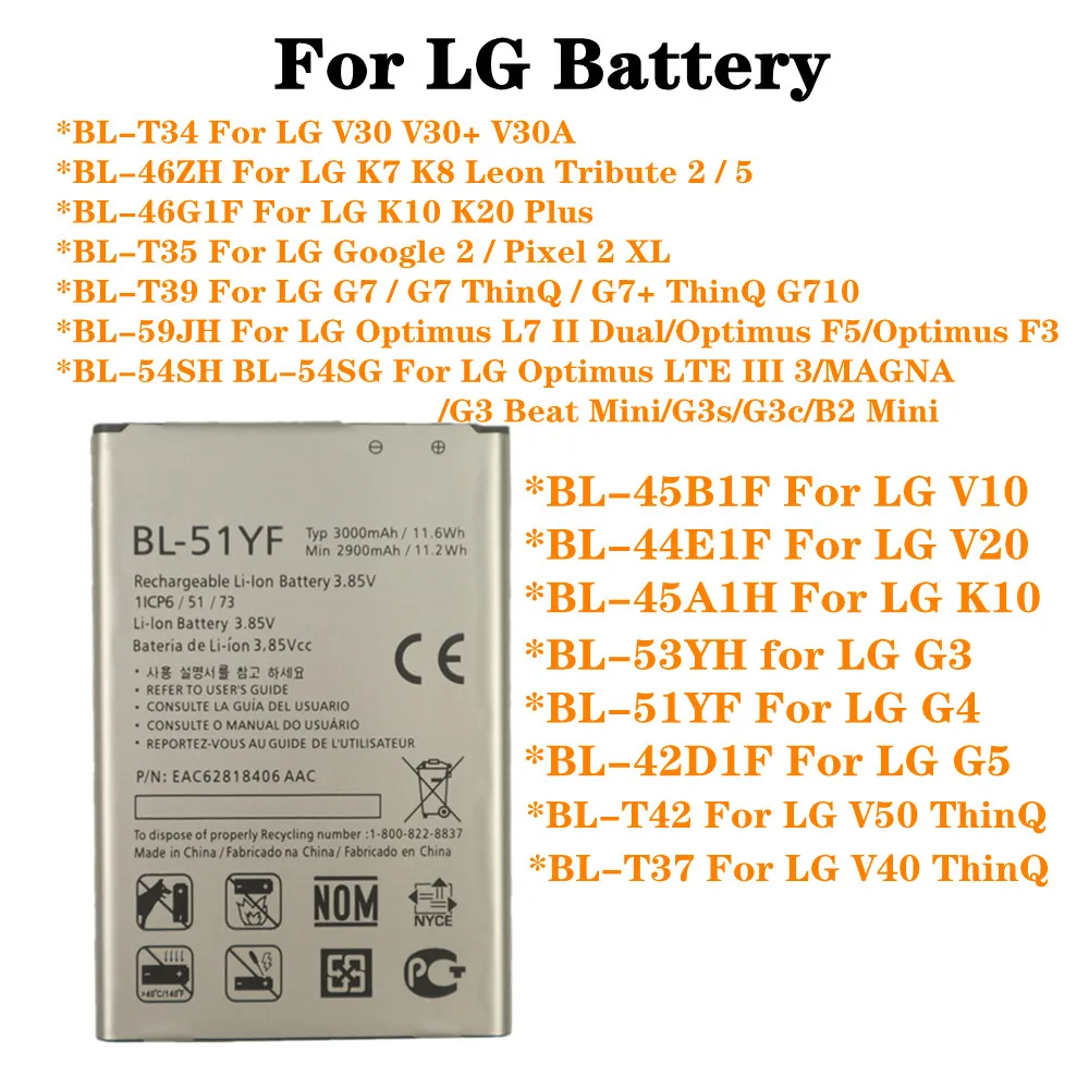 

Phone Battery For LG G3 G4 G5 K7 K8 K10 K20 Plus Leon Tribute 2 5 V20 V10 V30 V30+ V30A V40 V50 G7 G7+ ThinQ Optimus F5 Google 2