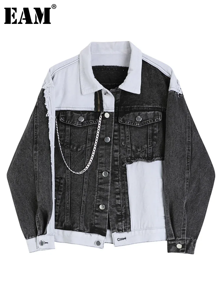 

[EAM] Loose Fit Color-block Denim Big Size Chain Jacket New Lapel Long Sleeve Women Coat Fashion Tide Spring Autumn 2022 1DE7171