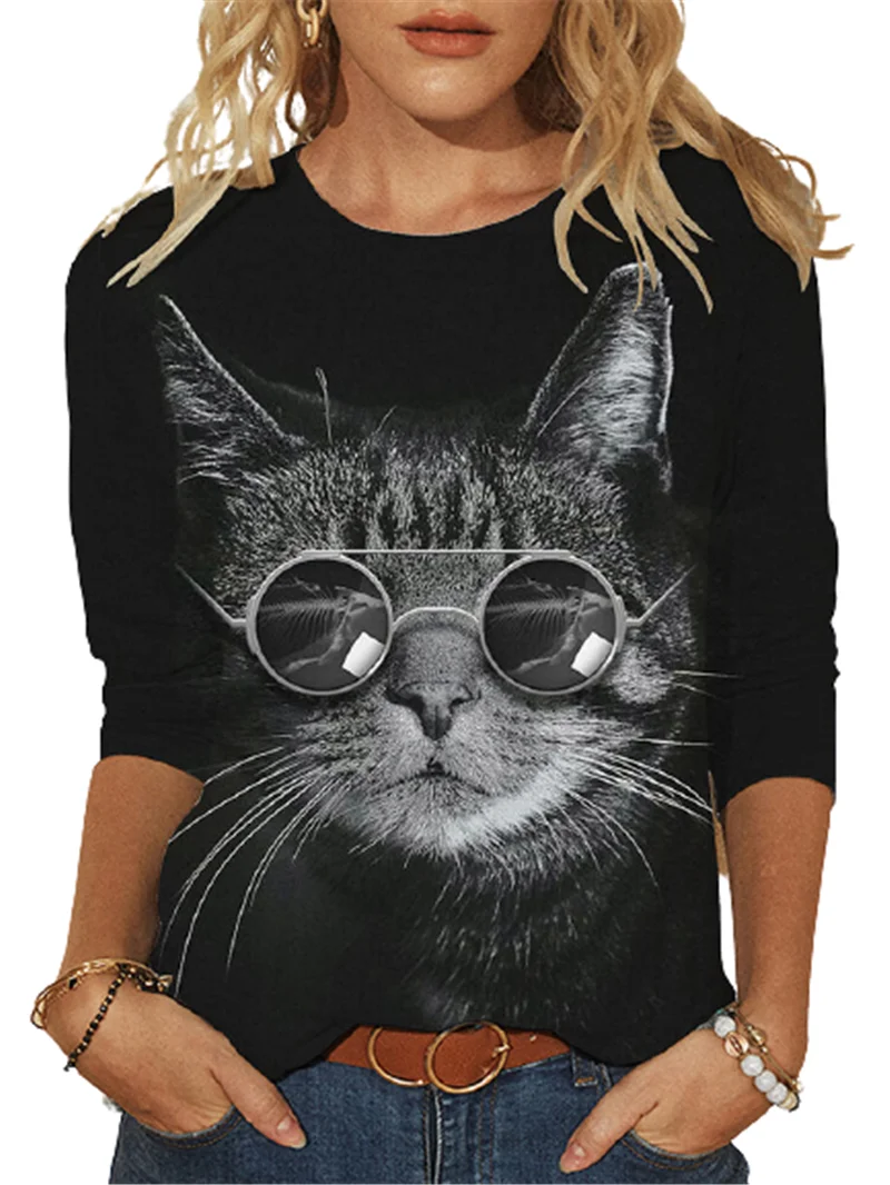 

Fashion Cool Glasses Cat 3D Print T-shirt Women Casual O-Neck Long Sleeve Tops 2022 Spring Autumn Streetwear Lady Oversized Tees
