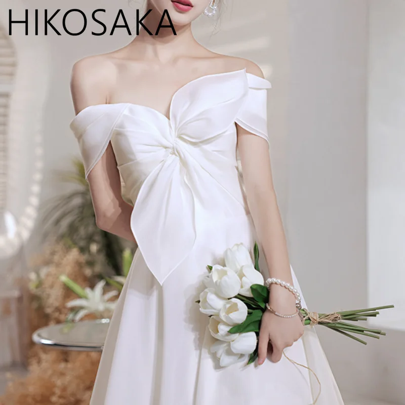 

French Bow Collar Light Wedding Dress Elegant Off-the-shoulder Wedding Veil A-line Toast Dress Bridal Dress Evening Dress