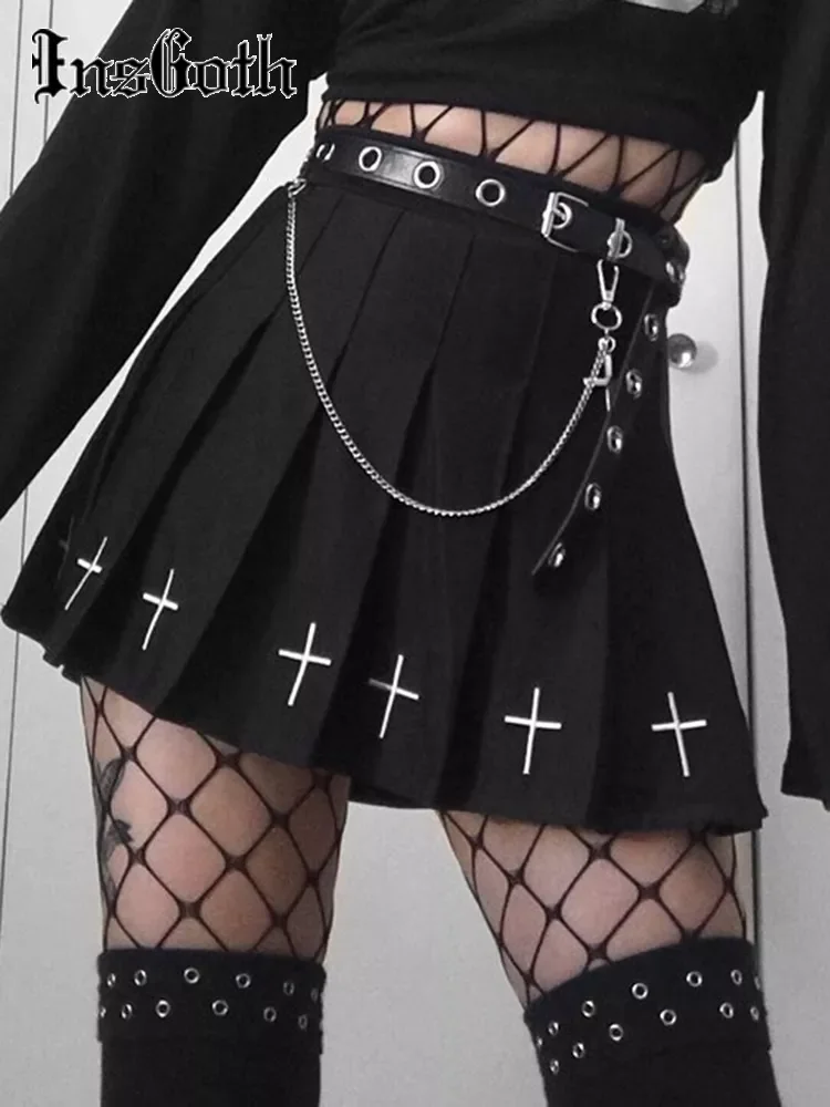 

InsGoth High Waist Mini Black Skirts Gothic Streetwear Cross Print Pleated Women Skirts Emo Fairy Grunge Lolita Harajuku Skirt