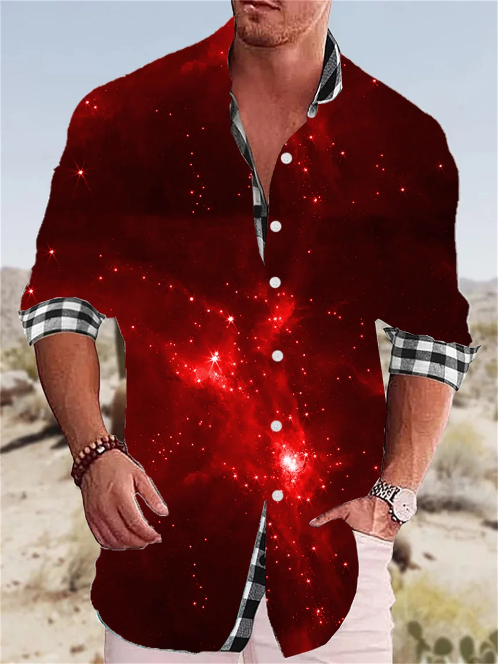 

Men's shirt starry sky red high-definition pattern casual party trend high-quality soft and comfortable fabric lapel shirt 2023