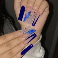 24pcs luxury rhinestone glitter blue french tips press on nails classy elegant nail art long coffin acrylic glue on fake nails