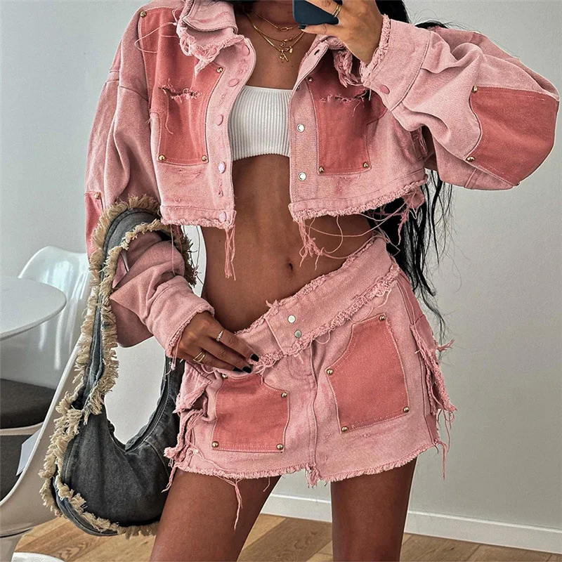 

Adogirl 2023 Autumn New Women Cowboy Tooling Contrast Lapel Single-breasted Top+Skirt 2 Pieces Set Street Hipster Casual Outfit