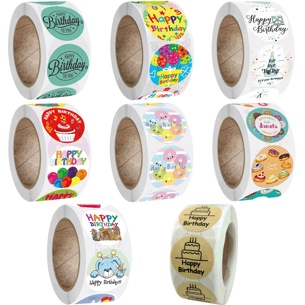 

500pcs/roll "Happy Birthday" Sticker Round Cartoon Sticky Tag Gift Bag Decoration Sealing Label Children Birthday Party Supplies