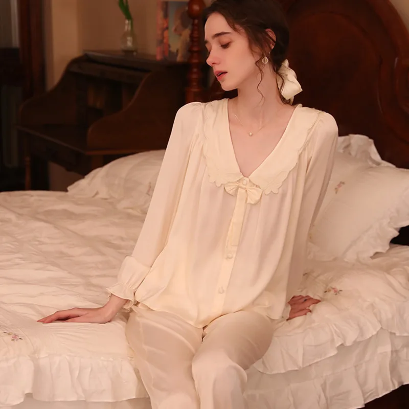 

Spring Pajama Set Women French Style 2 Pieces Summer Lapel Long Sleeve Nightwear Mujer Fashion Pijama Sweet Home Suit Sleepwear