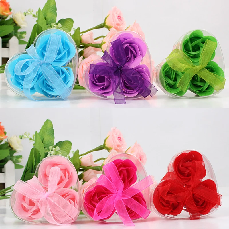 

3Pcs/Box Soap Flower Heart-shaped Gift Box Artificial Rose Flower Soap Bath Body Petal Wedding Party Decor Valentine's Day Gift