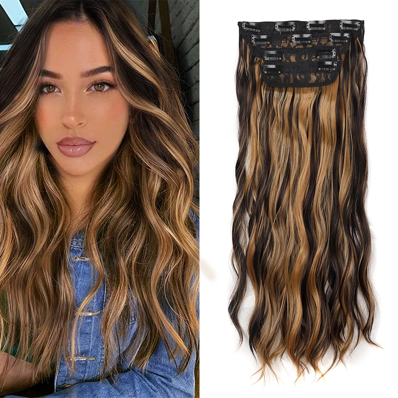 

20Inch Synthetic Hair Clip In 4Pcs/Set Long Wavy Thick Hairpieces For Women Full Head Synthetic Hair Extensions Ombre Hairpiece