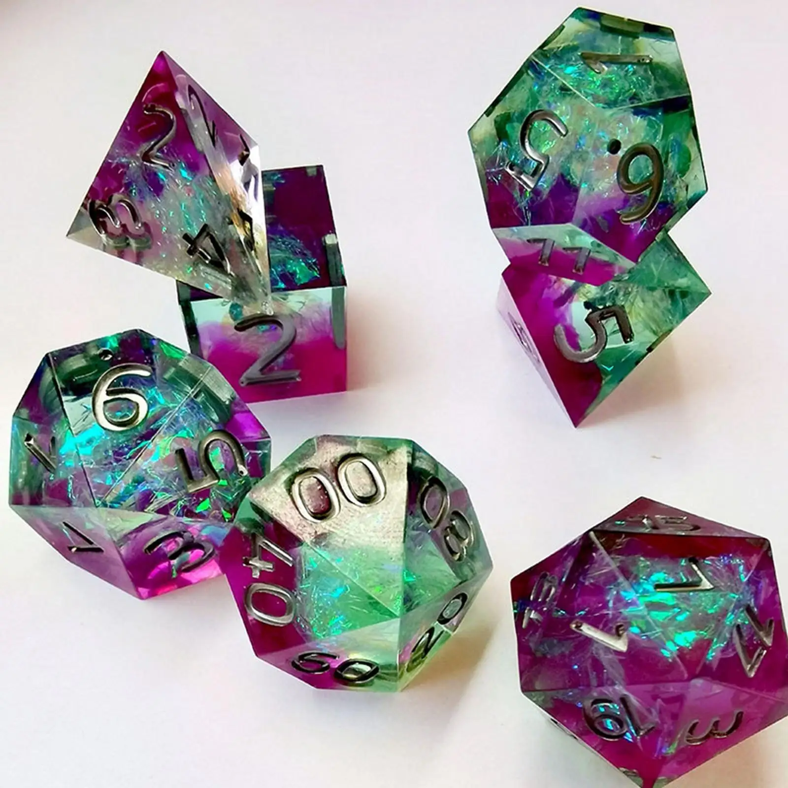 

Polyhedral Dice D4 D6 D8 2XD10 D12 D20 with Sharp Edges Beautiful Inclusions for