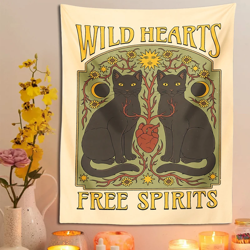 

Cat Hearts Tapestry Wall Hanging Wild Hearts plant flower sun moon star Witchcraft Astrology carpet bedside Art Home dorm Decor