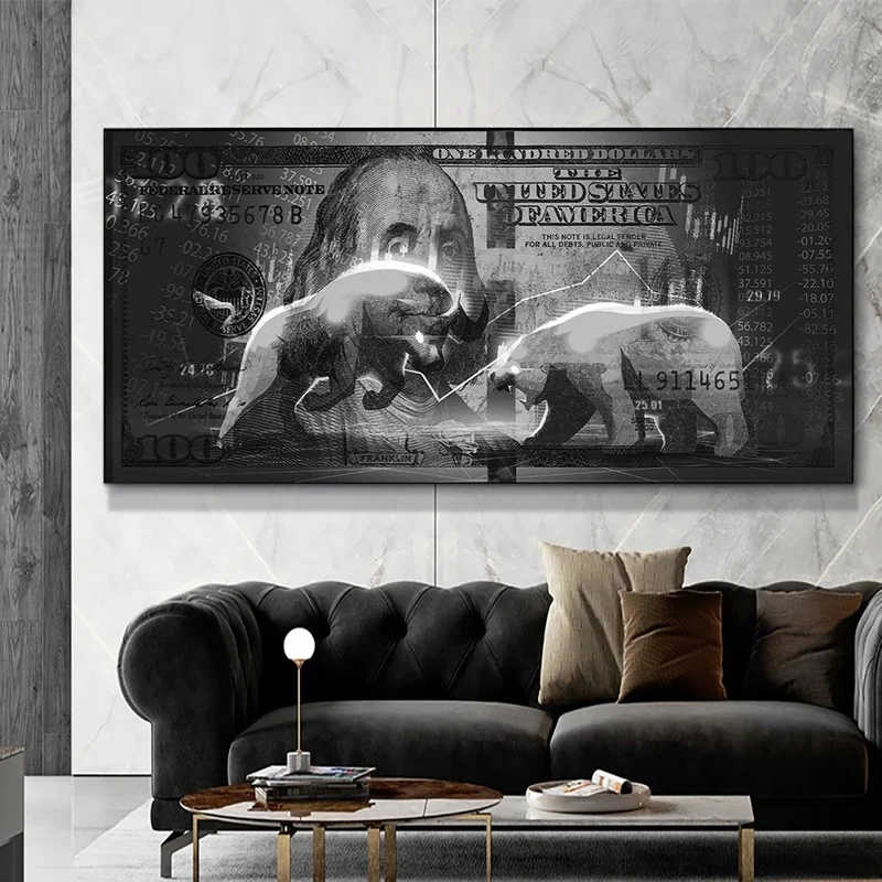 Настенная уличная Картина на холсте с изображением быка медведя 100 долларов