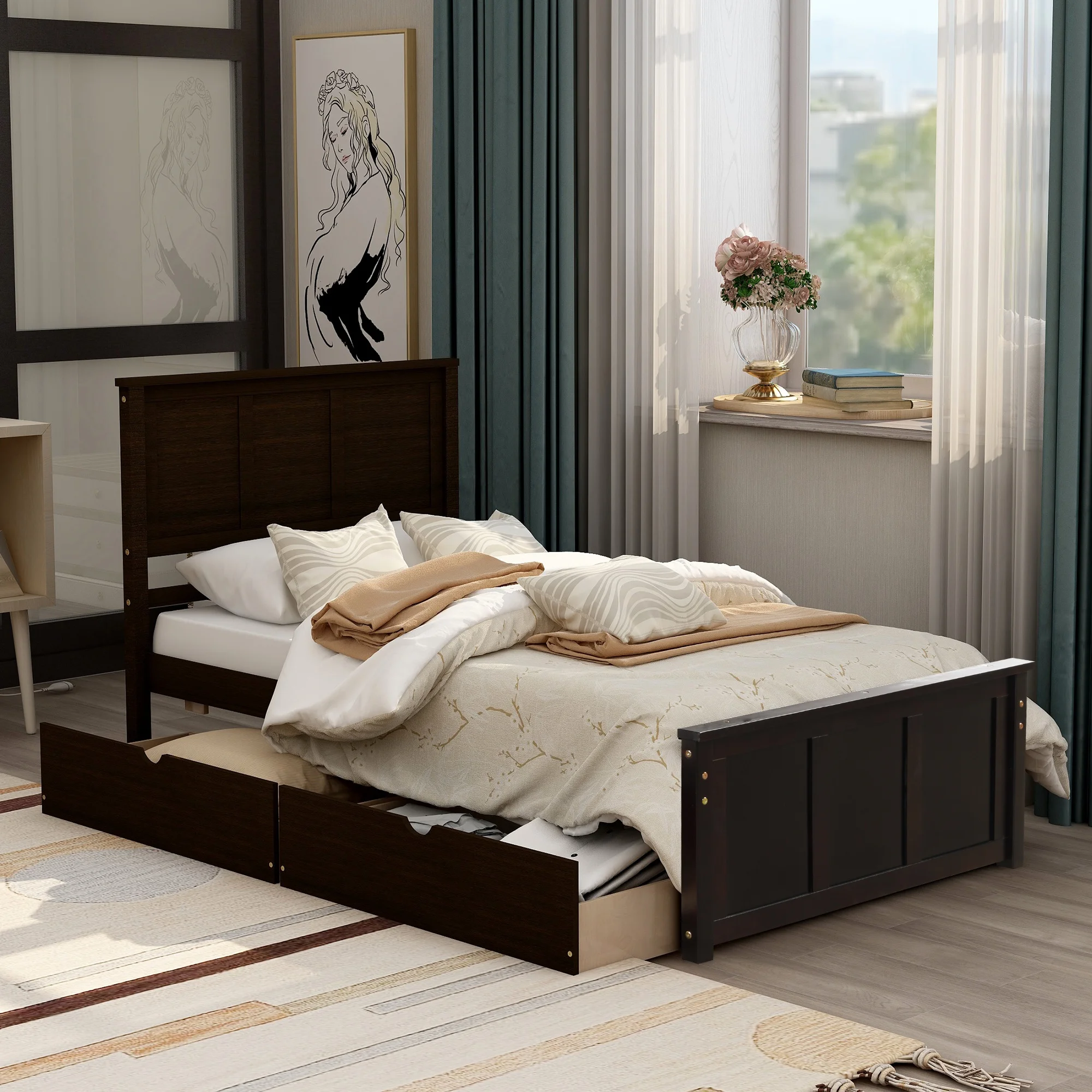 

Home Modern Wooden Bedroom Furniture Beds Frames Bases Platform Storage Bed 2 Drawers With Wheels Twin Size Frame Espresso