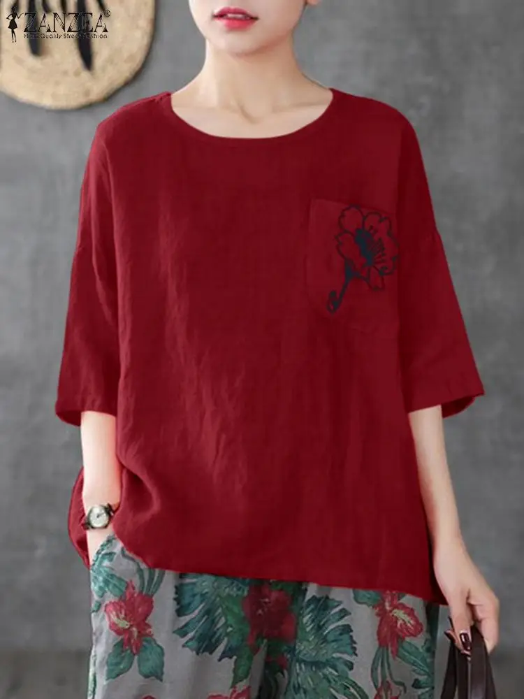 

Винтажная хлопковая блузка ZANZEA 2022, летняя свободная туника с цветочной вышивкой, топы, Женская Повседневная рабочая одежда с рукавом до лок...