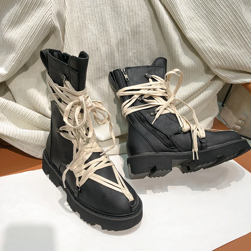 Autumn Winter Fashion Boots Women British Style Thick-Soled High-Top Lace-Up Long Boots Side Zipper Leather Single Shoes