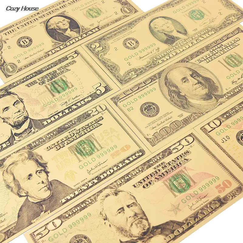 

7pcs/lot Money Collection for Home Decoration Gift US Gold Foil Banknote America Fake Banknotes Dollar Banknotes Paper