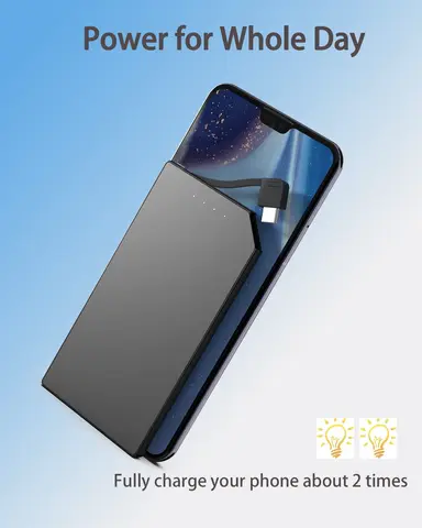 Внешний мини-аккумулятор TNTOR, портативный ультратонкий внешний мини-аккумулятор 6 мм, 5000 мАч, быстрая зарядка, Встроенный кабель, подходит для iPhone, Xiaomi