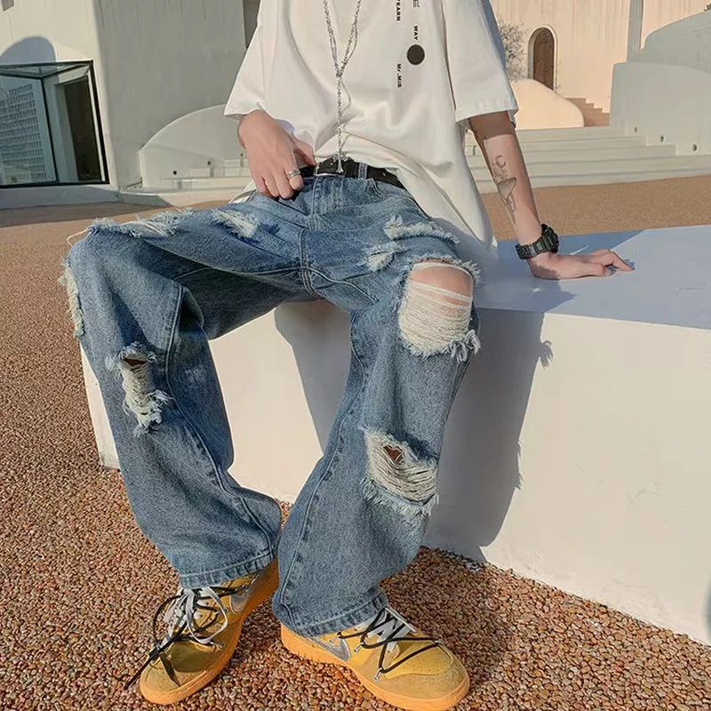 Y2K Vintage Streetwear Korean Fashion Ripped Baggy Pants Hip Hop Wide Leg Jeans for Men Denim Trousers Black Blue Male Clothing