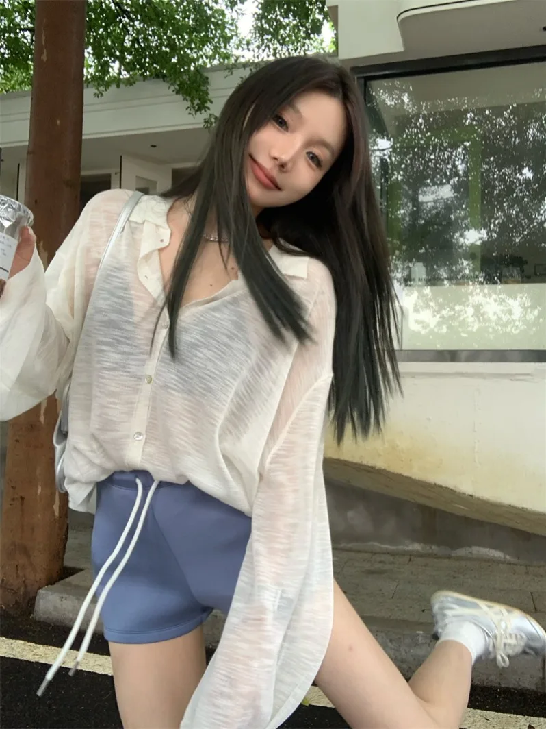 Hong Kong Flavor New Thin Polo Collar Button Knitted Sun Protection Shirt + Gyaru Drawstring Sports Leggings