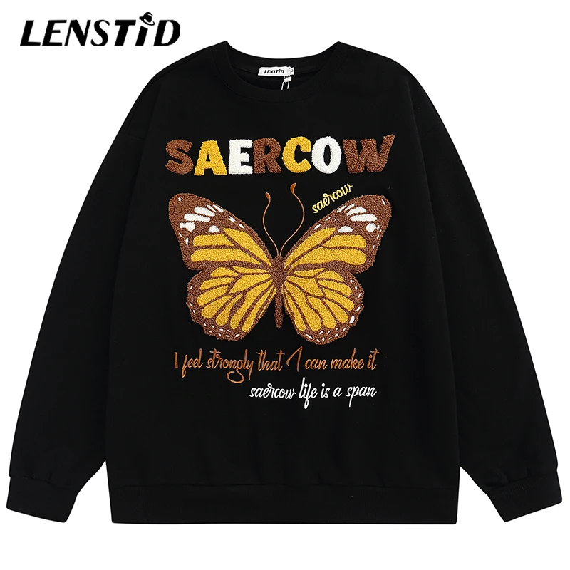

LENSTID Autumn Men Sweatshirt Hip Hop Butterfly Towel Embroidery Pullover Hoodies Harajuku Streetwear Casual Cotton Sweat Shirts