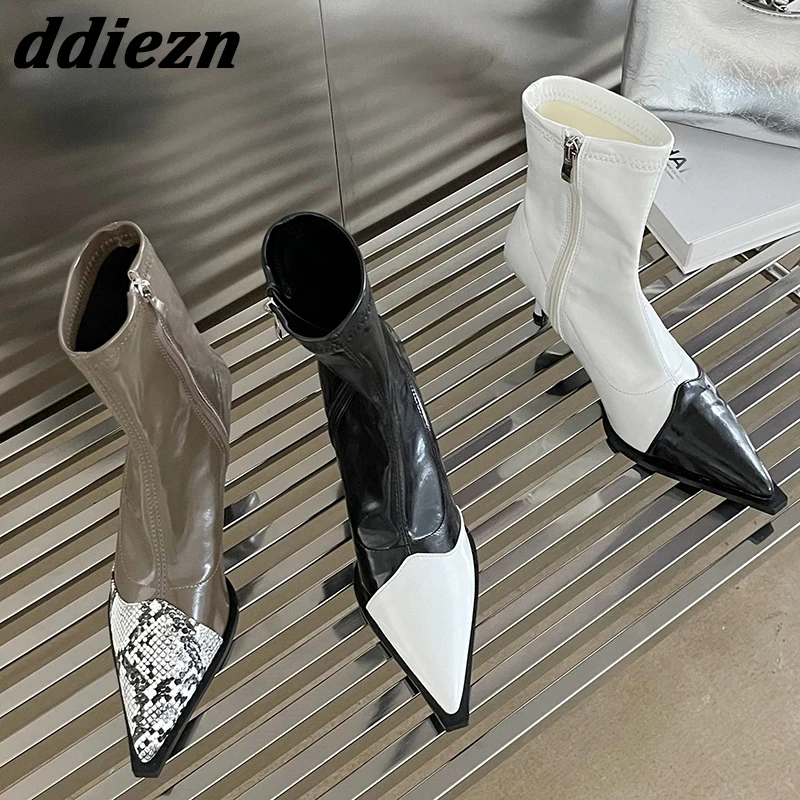 

Women Autumn Stretch Boots 2023 New Fashion Mixed Colors Heel Ankle Boots Shoes For Ladies Pointed Toe Female Pumps Booties