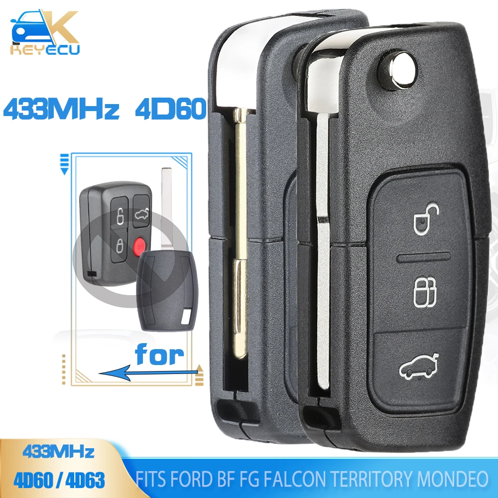KEYECU Flip Remote Key Fob 3 Button 433MHz 4D60 / 4D63 Chip for Ford BF FG Falcon Territory Mondeo FPV SZ